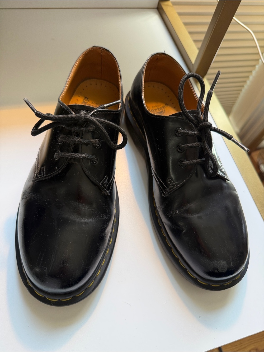 Dr. Martens Black Leather 3-Eye Derby Shoes with Yellow Stitching